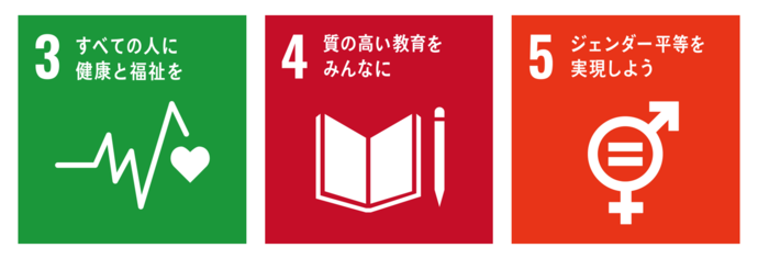 目標3すべての人に健康と福祉を。目標4質の高い教育をみんなに。目標5ジェンダー平等を実現しよう。