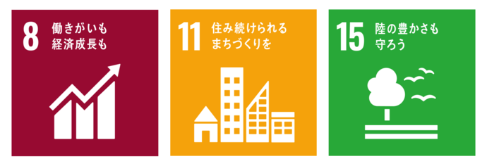 目標8働きがいも経済成長も。目標11住み続けられるまちづくりを。目標15陸の豊かさを守ろう。