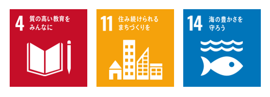 目標4質の高い教育をみんなに。目標11住み続けられるまちづくりを。目標14海の豊かさを守ろう。