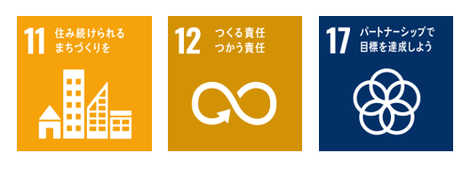 目標11住み続けられるまちづくりを。目標12つくる責任、つかう責任。目標17パートナーシップで目標を達成しよう。