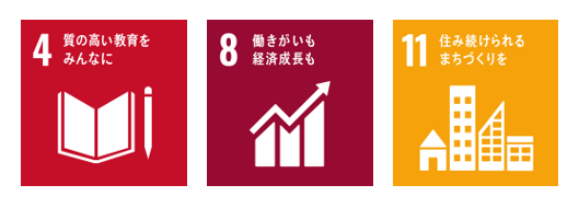 目標4質の高い教育をみんなに。目標8働きがいも経済成長も。目標11住み続けられるまちづくりを。